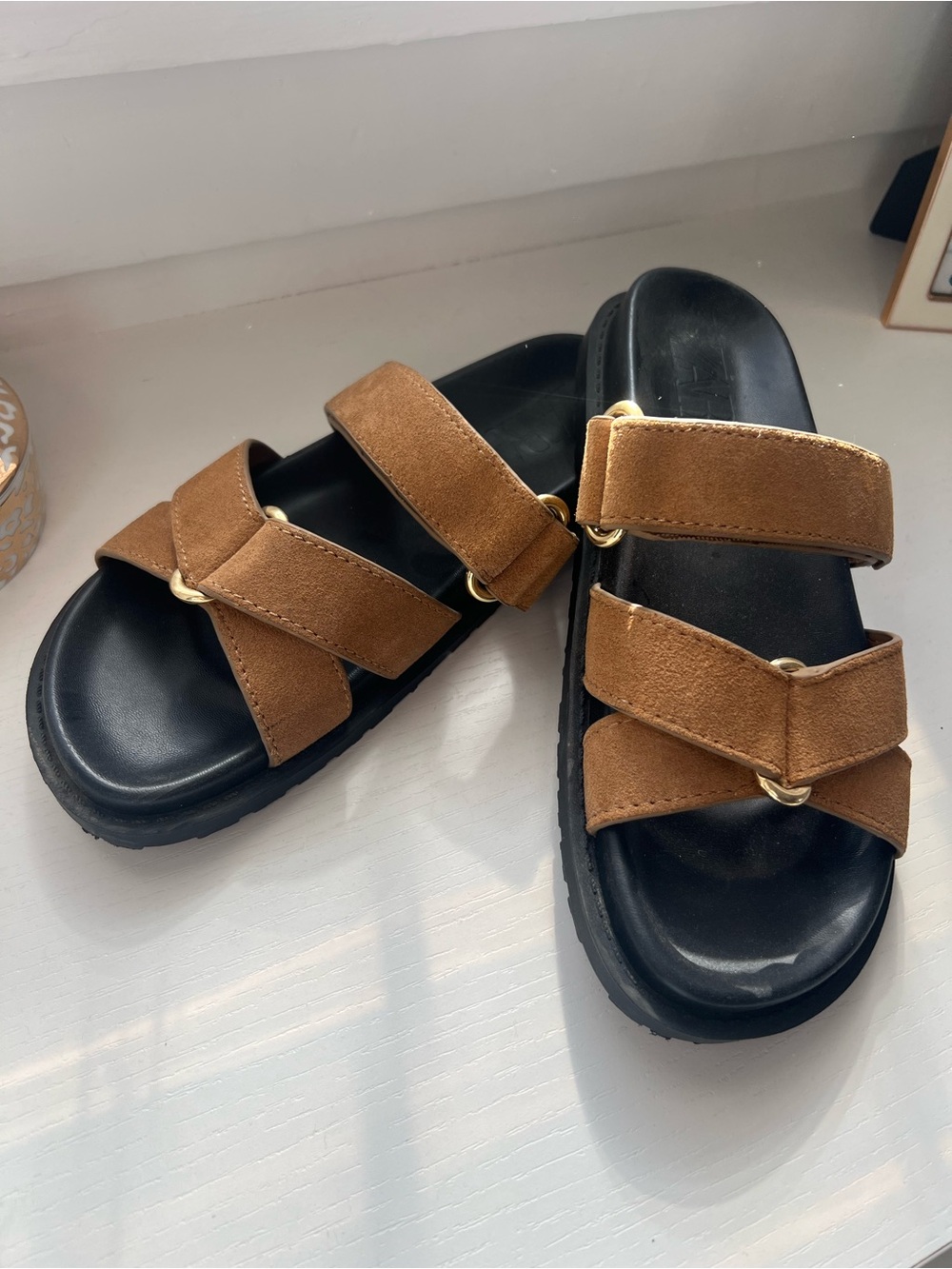 Zara Women's Brown Suede Slide Sandals with Black Footbed